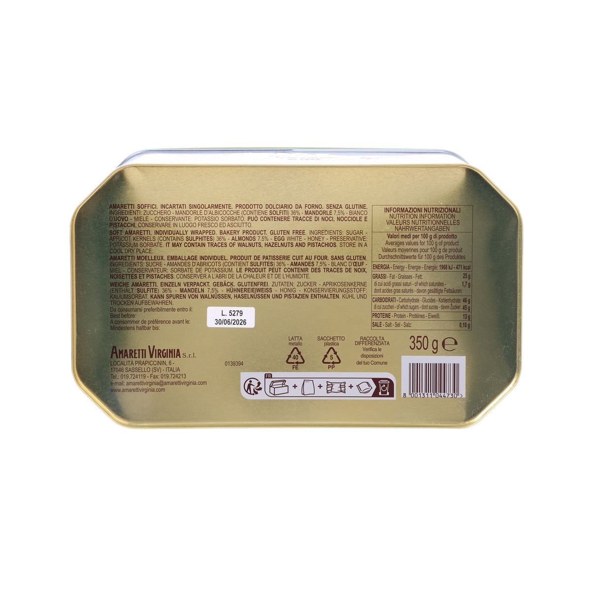 Back label on octagonal amaretti biscuit tin with 350 g marking and barcode
