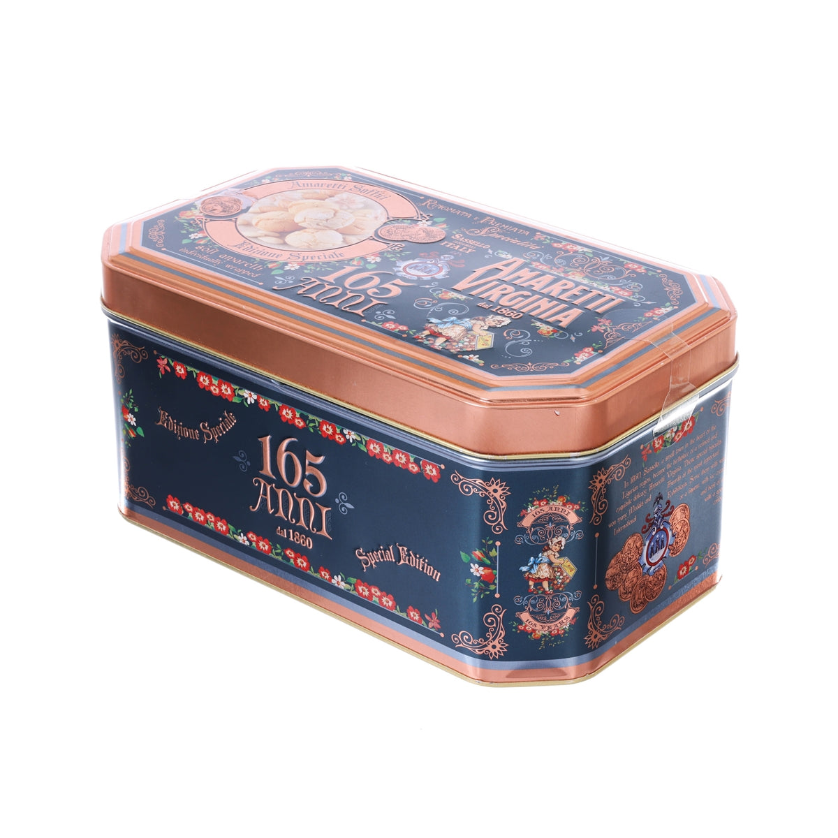 Blue octagonal biscuit tin with copper trim and 165 anni artwork on lid