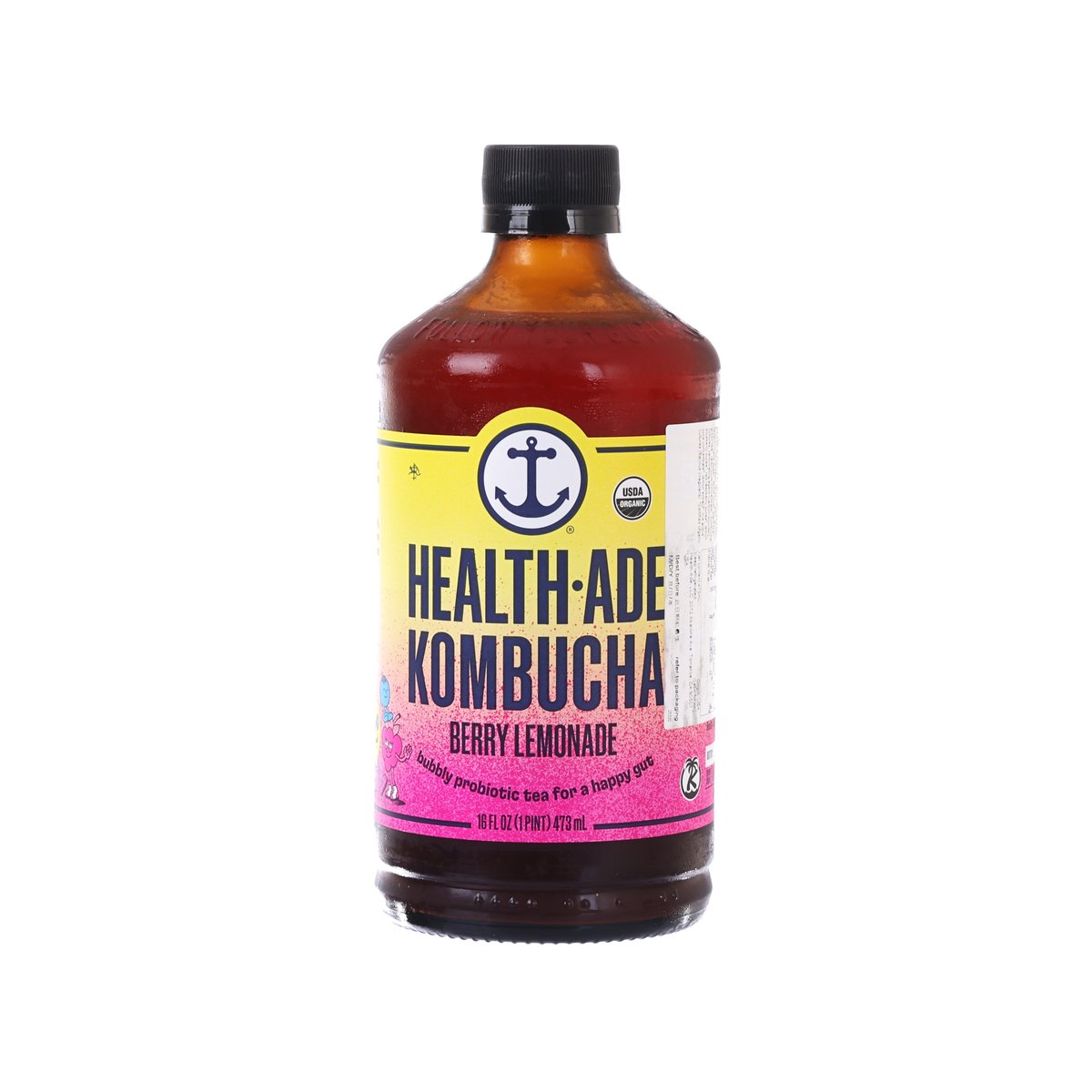 HEALTH-ADE kombucha bottle with berry lemonade label, dark amber drink, black cap.