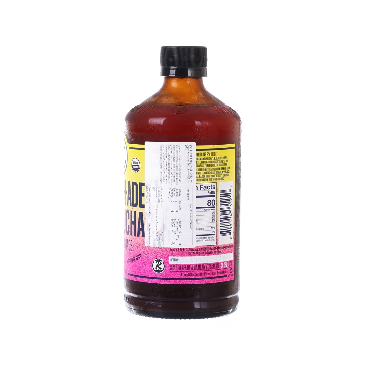 HEALTH-ADE kombucha bottle with nutrition facts panel on back, dark amber liquid, black cap.
