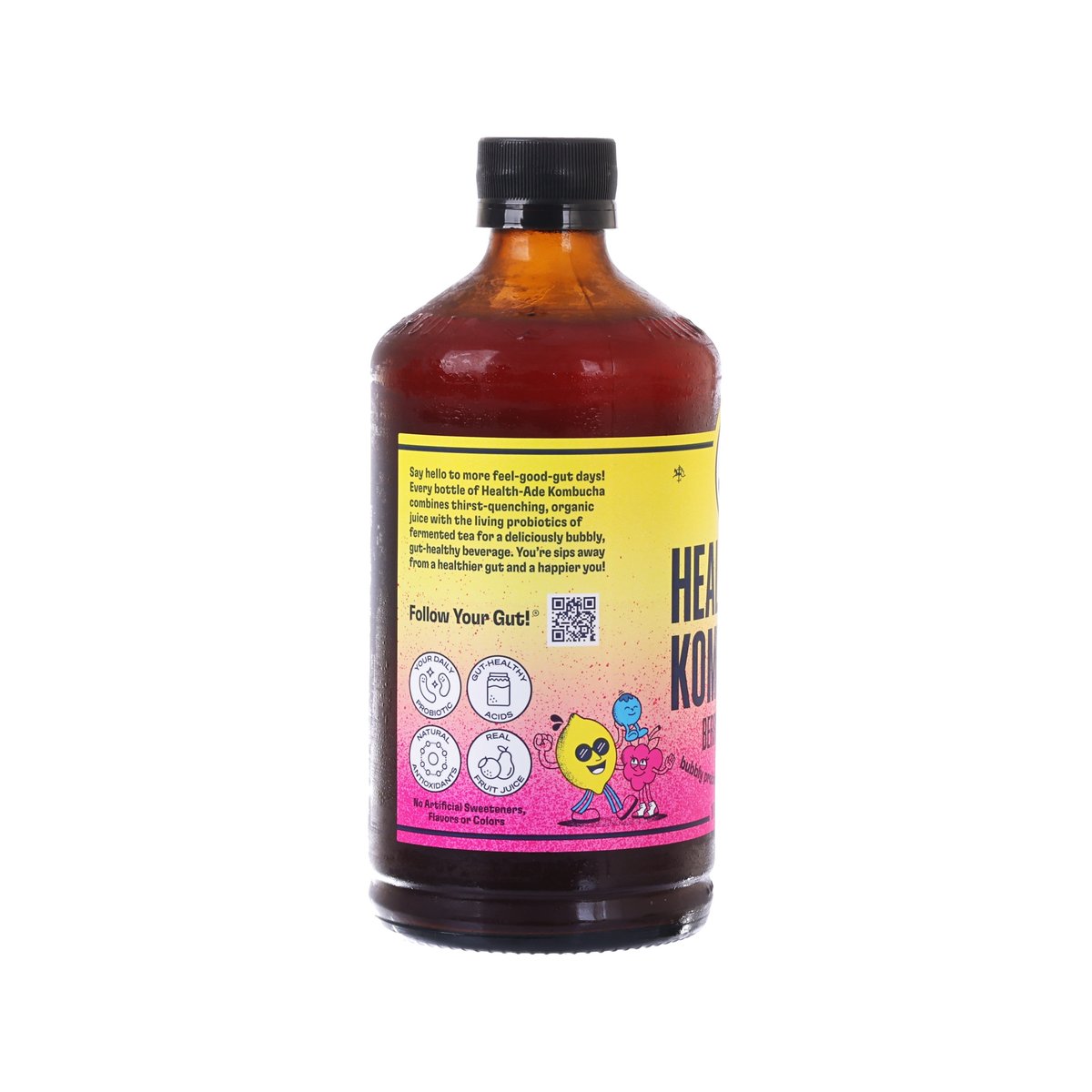 HEALTH-ADE kombucha bottle back label with icons and QR code, dark amber drink.
