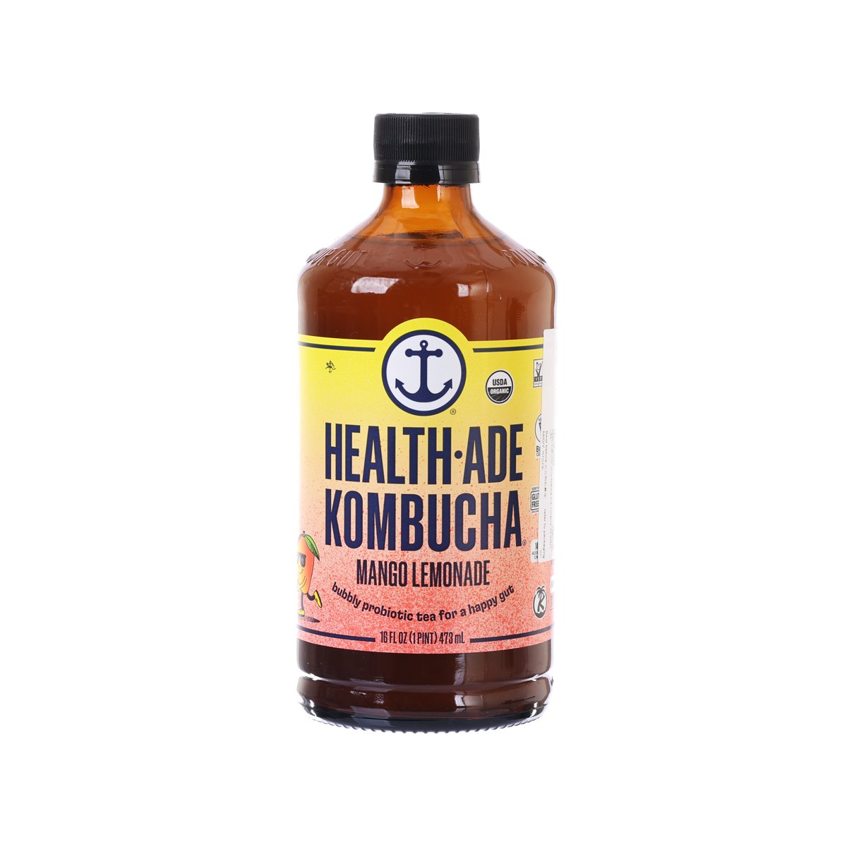 HEALTH ADE kombucha bottle, Mango Lemonade flavor, dark amber liquid, black cap