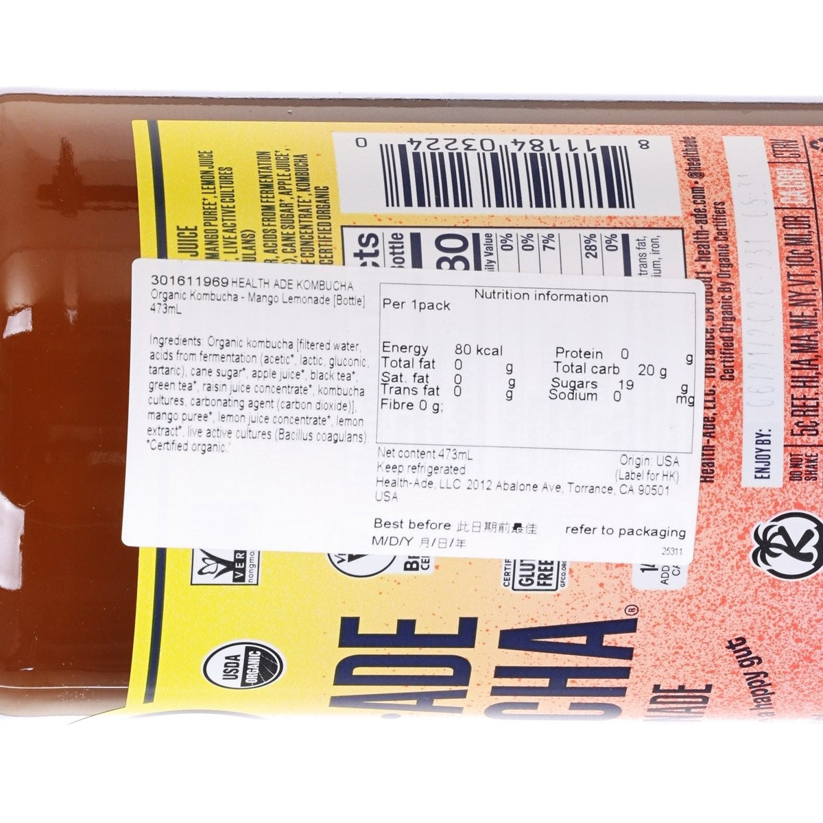 HEALTH ADE KOMBUCHA label close-up with nutrition facts, barcode, and ingredients