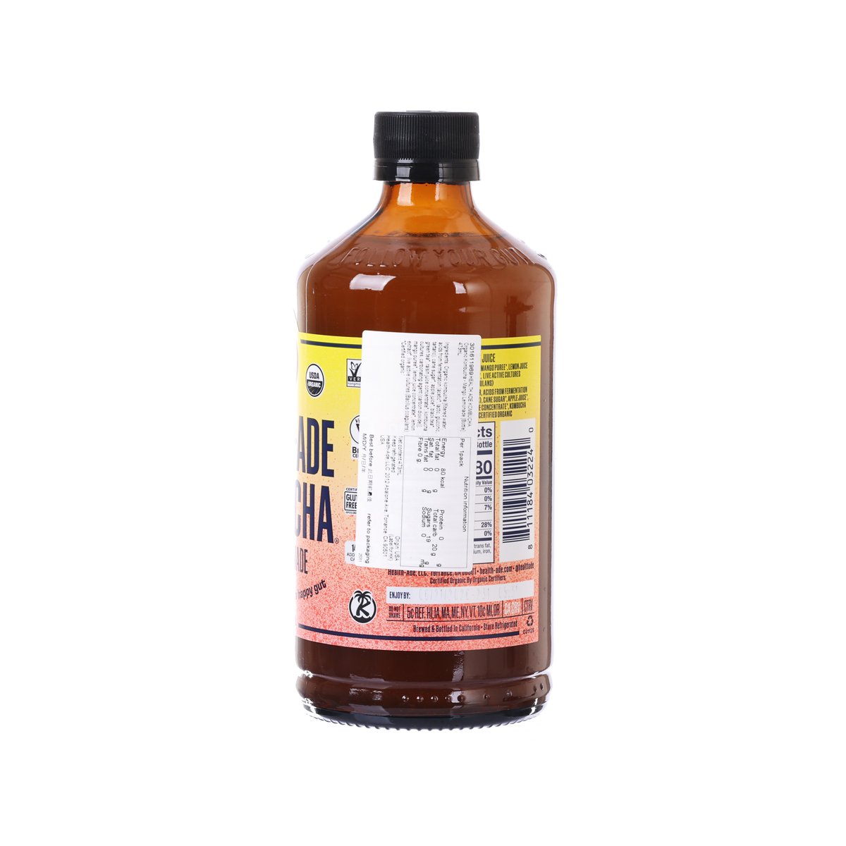 HEALTH ADE kombucha bottle back label with barcode and nutrition panel, amber drink