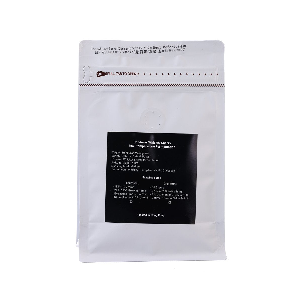 Coffee beans pouch back with brewing guide and producer details