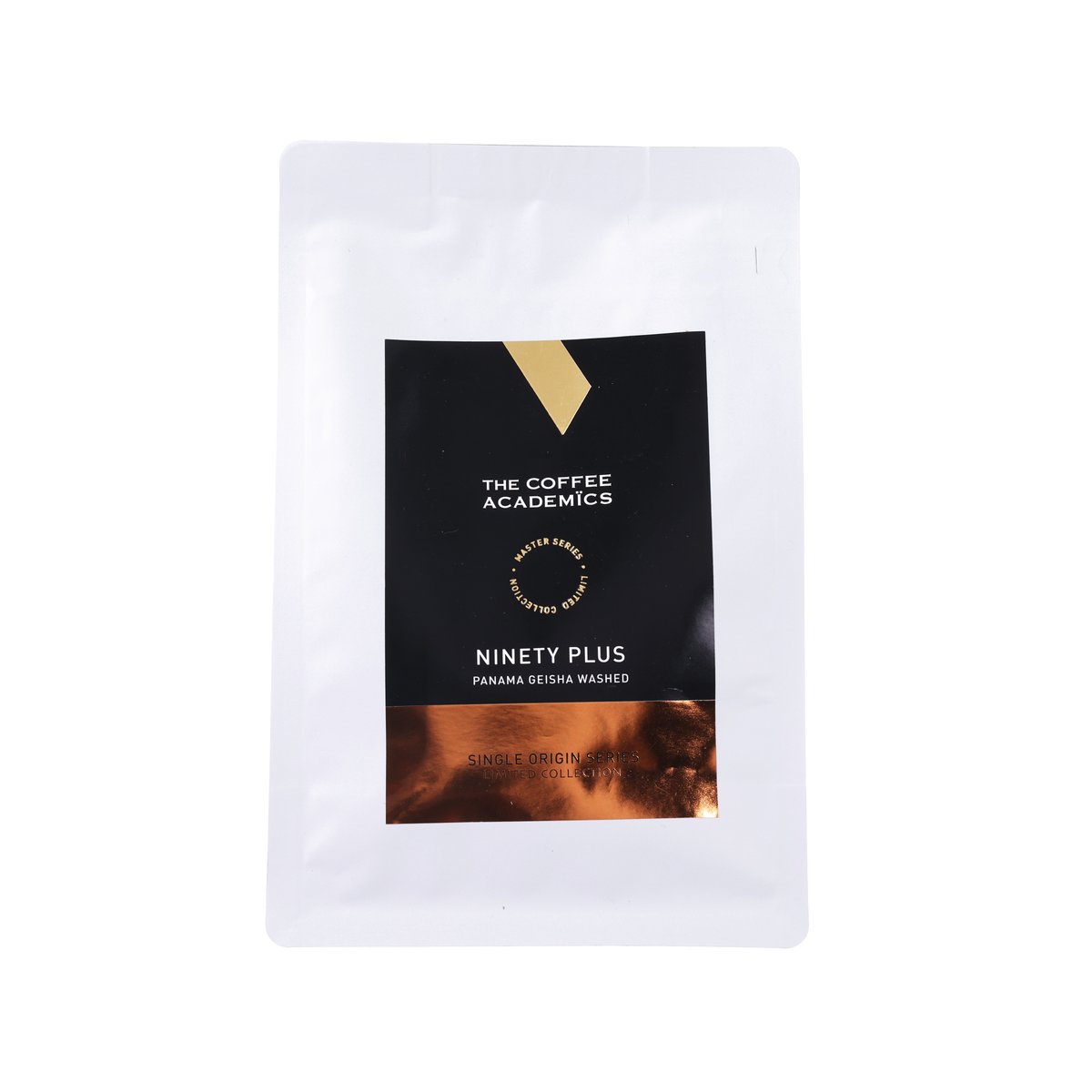 Coffee bean pouch with black label, Ninety Plus Panama Geisha, 200 g net