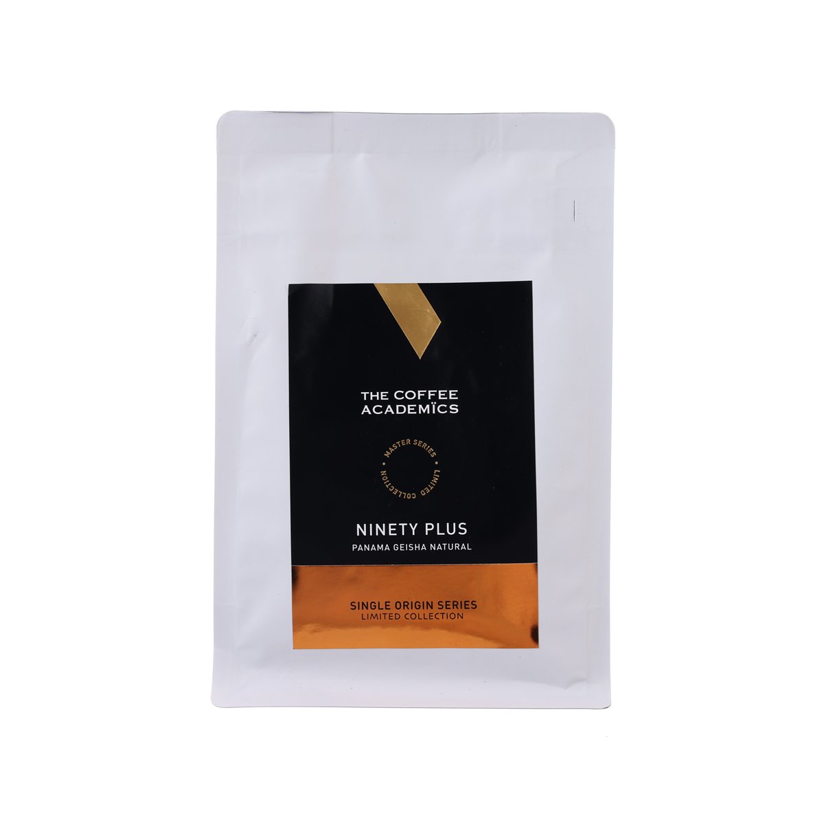 Coffee bean pouch with Ninety Plus Panama Geisha Natural label, 200g