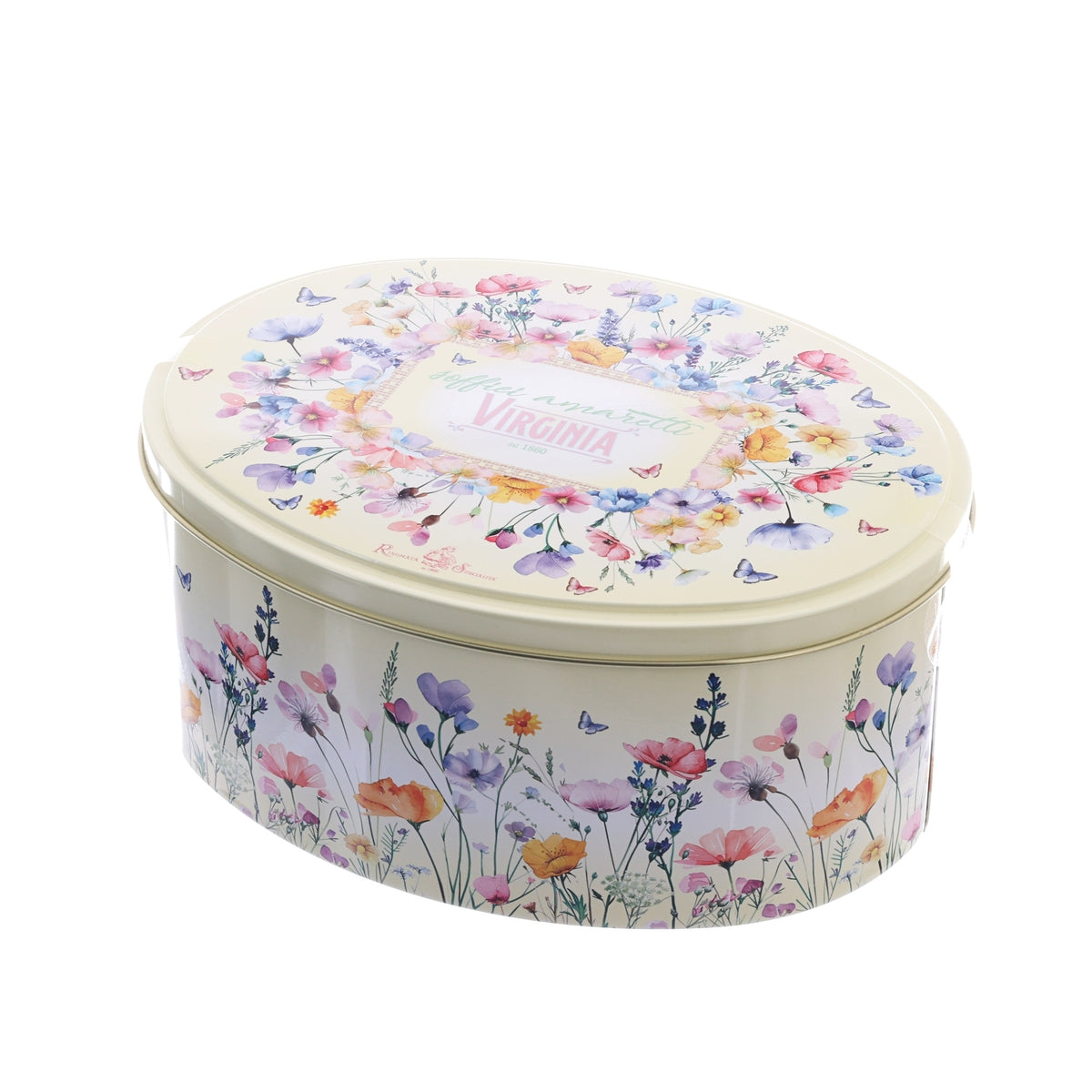 Oval floral tin of soft almond amaretti cookies, VIRGINIA, 220 g