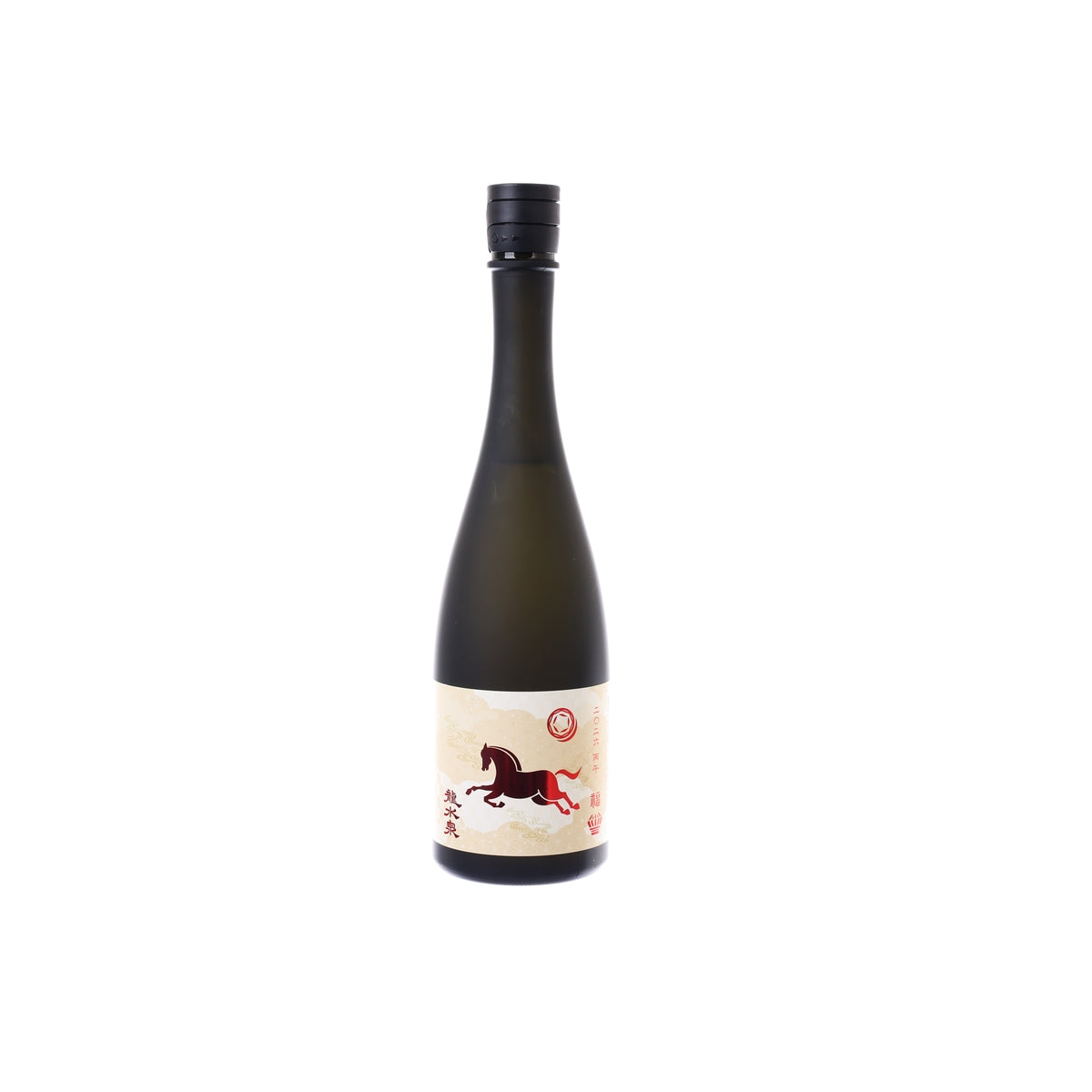RYUSUISEN Zodiac 2026 sake bottle, dark glass, cream label with red horse
