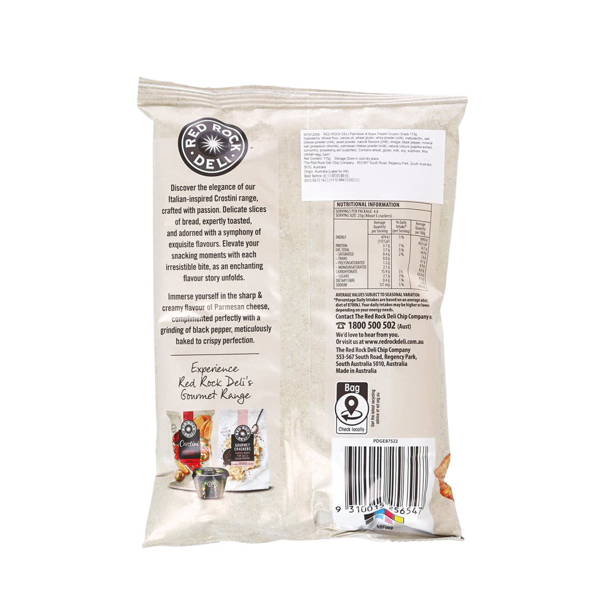 Crostini snack bag back label, RED ROCK DELI, 115g