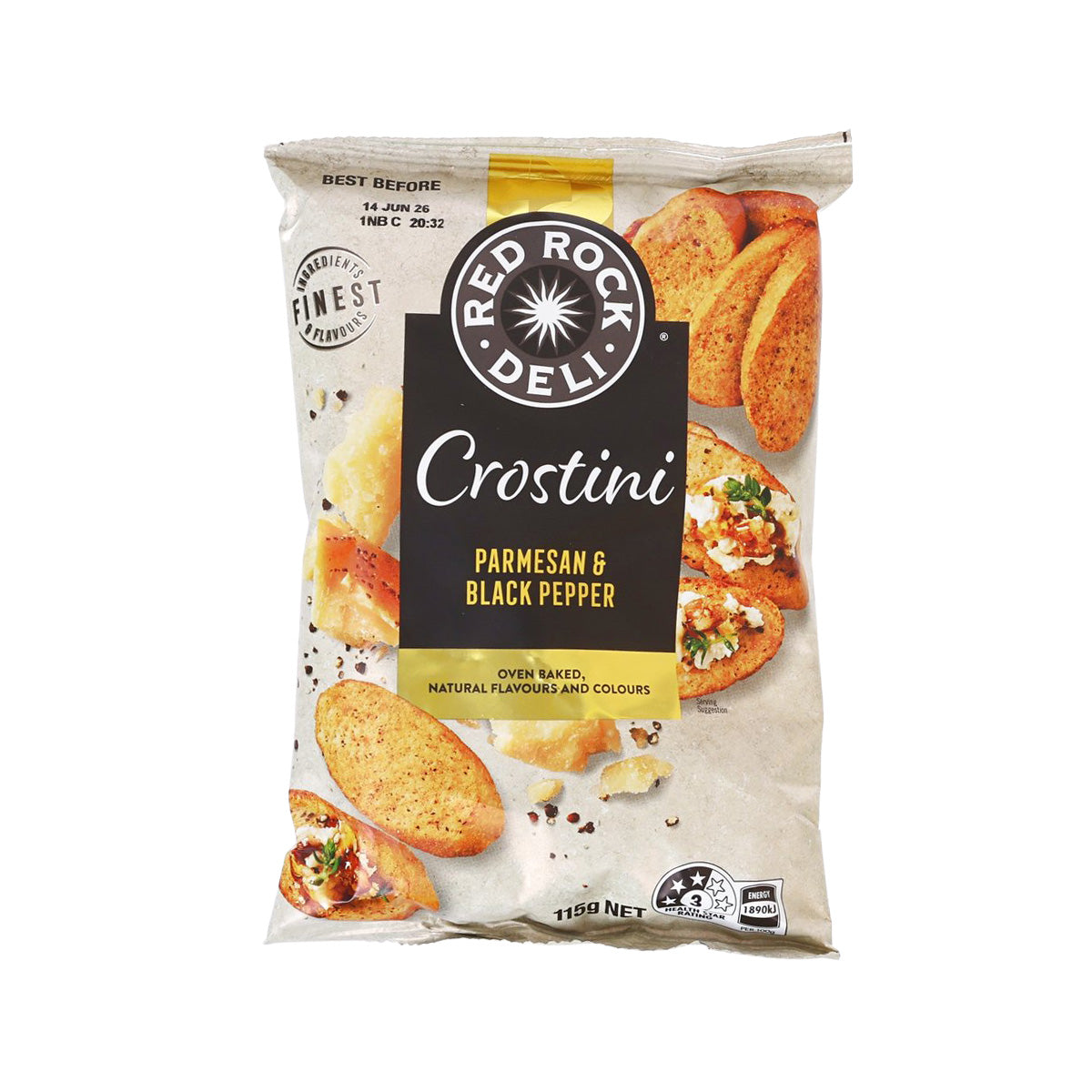 Parmesan & black pepper crostini snack bag, 115g, front view