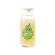 Pear juice bottle with fruit pulp, clear glass bottle and white cap