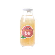 Peach juice bottle with fruit pulp, clear glass, front label and white cap