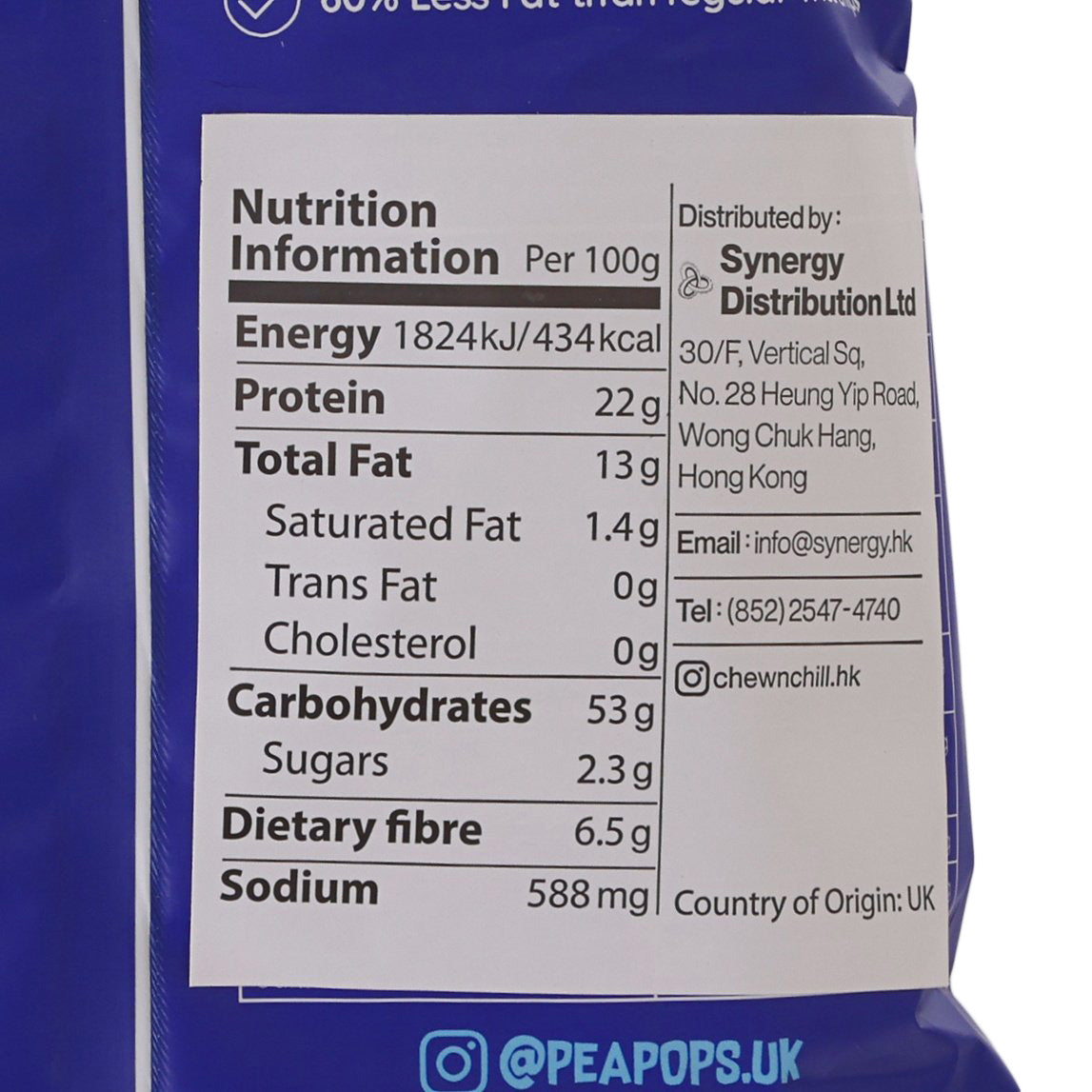 Nutrition information panel on chickpea crisps bag: per 100g protein and sodium