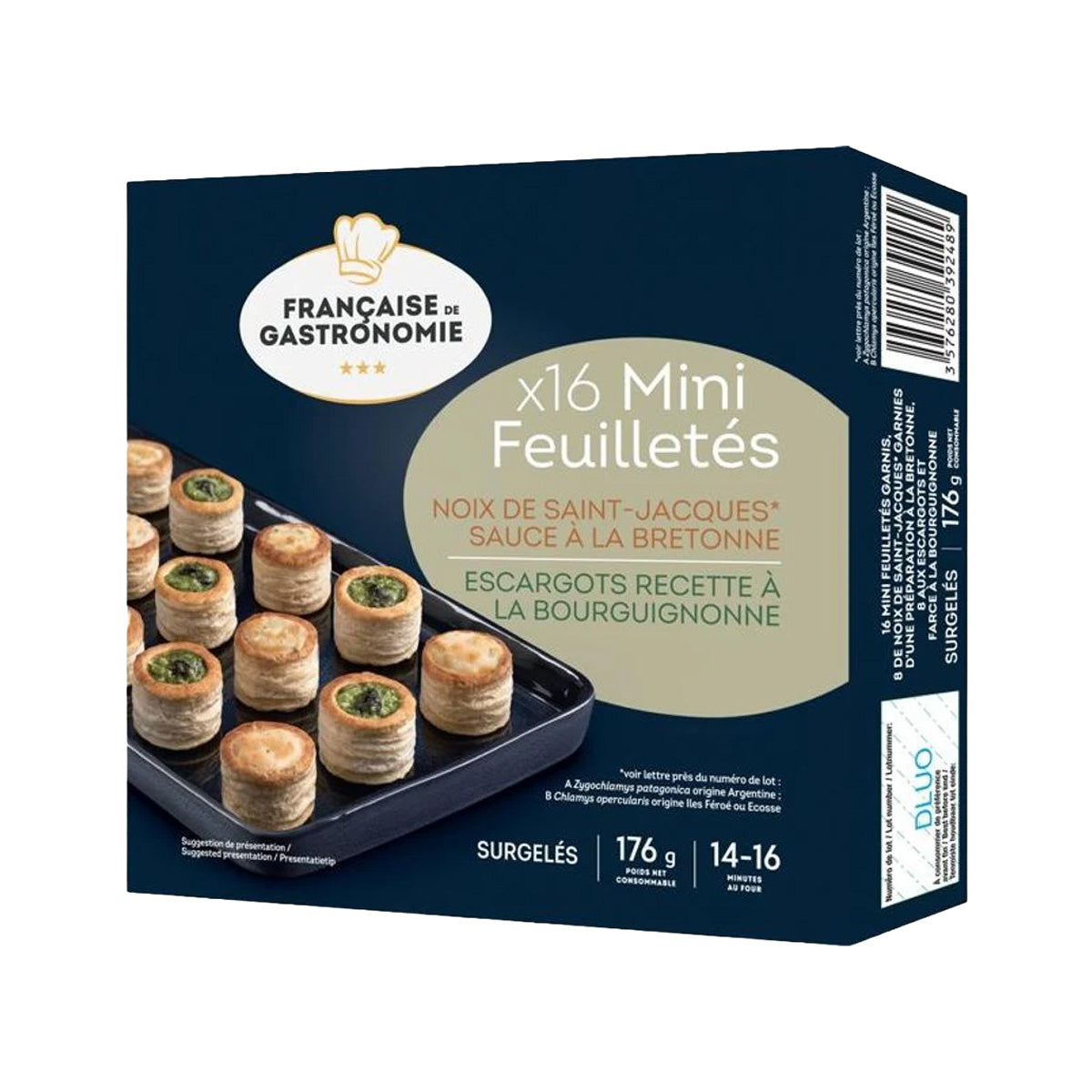 Frozen mini puff pastry escargot meal kit, blue box packaging, 176 g