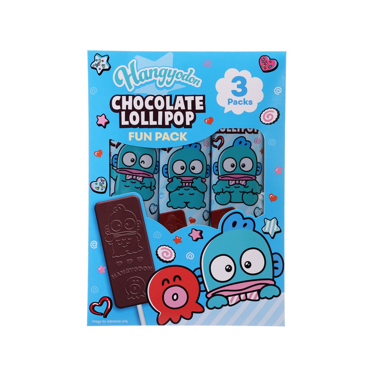 Chocolate lollipop fun pack envelope with Hangyodon character art and 3 packs