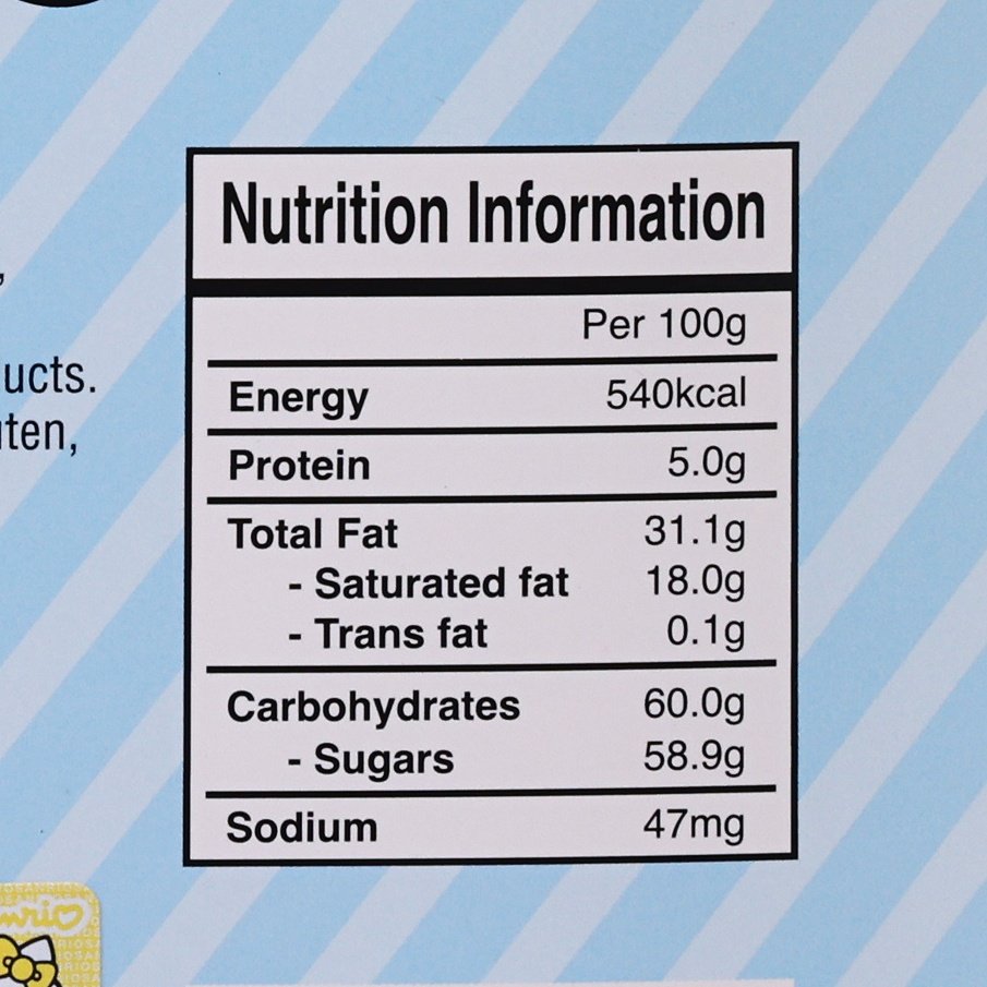 Nutrition information label for chocolate lollipops with per-100g energy, fat, sugars