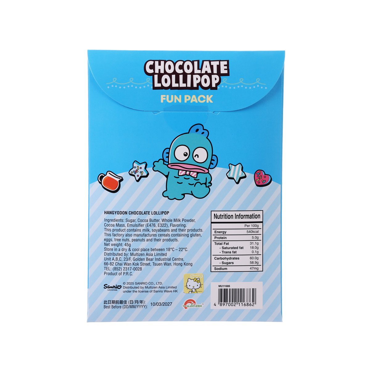 Chocolate lollipop fun pack back with character graphic and nutrition facts panel