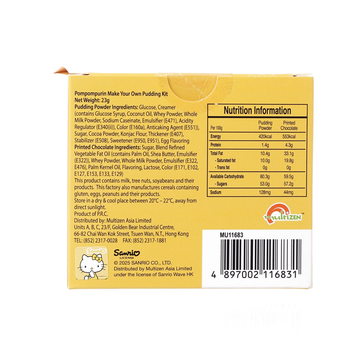 Pudding kit back panel with nutrition information, barcode, and product details
