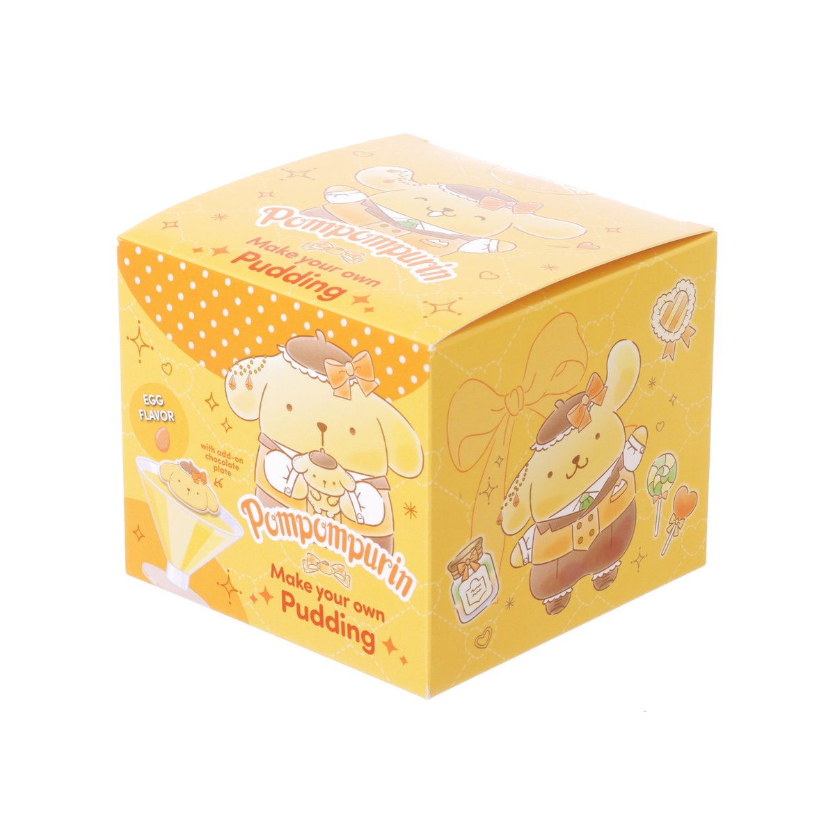 Pudding kit cube with Pompompurin and Cinnamoroll character artwork on yellow box