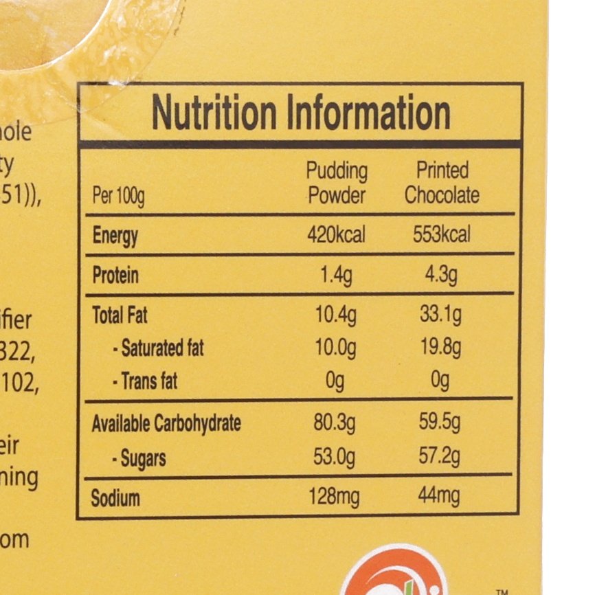 Nutrition information panel for pudding powder and printed chocolate, per 100g