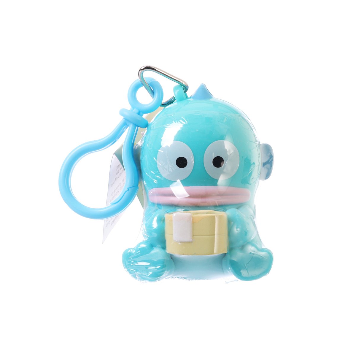 Blue Hangyodon candy container with keychain loop, open pouch and smiling face