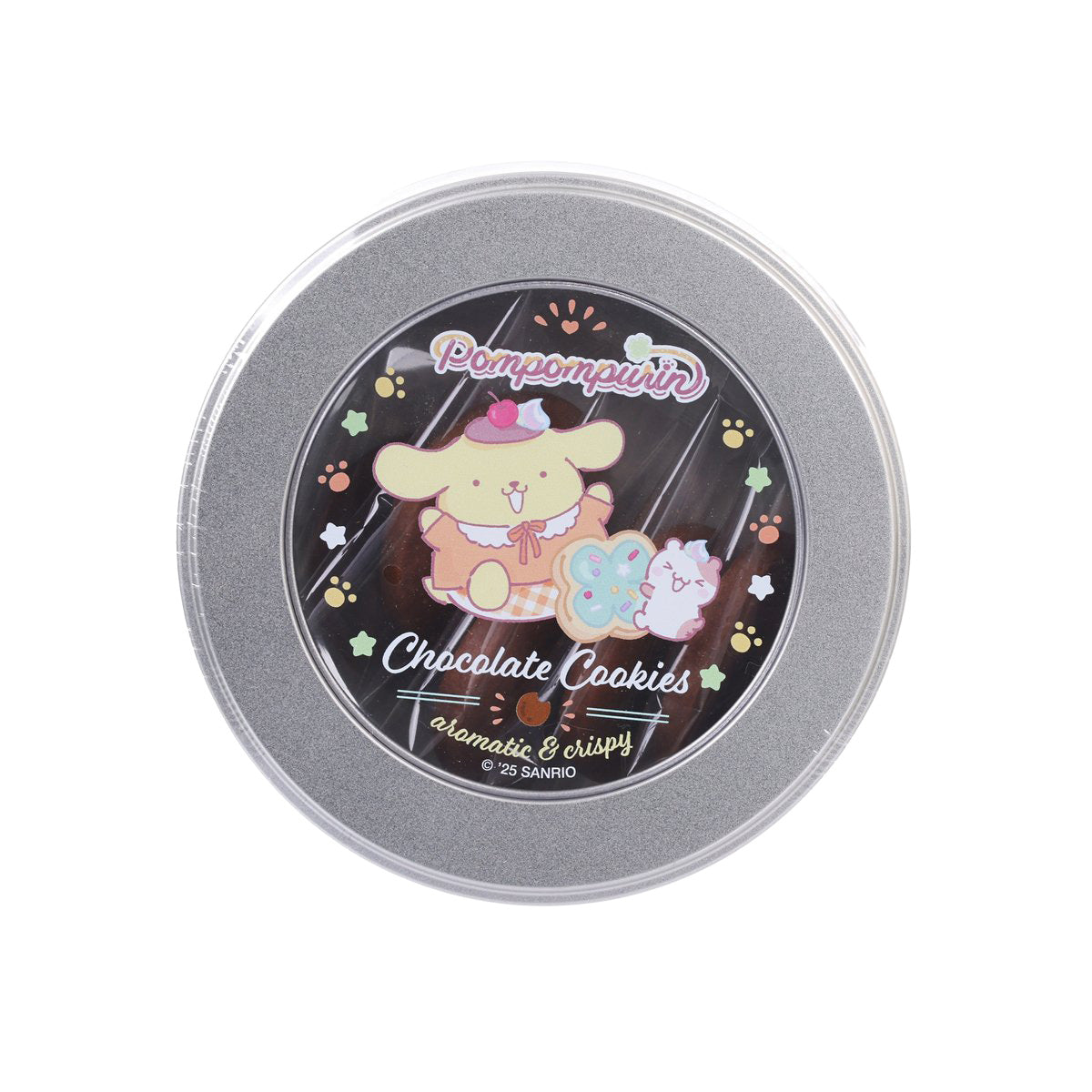Round chocolate cookie tin with Pompompurin on gray lid and 'Chocolate Cookies' title