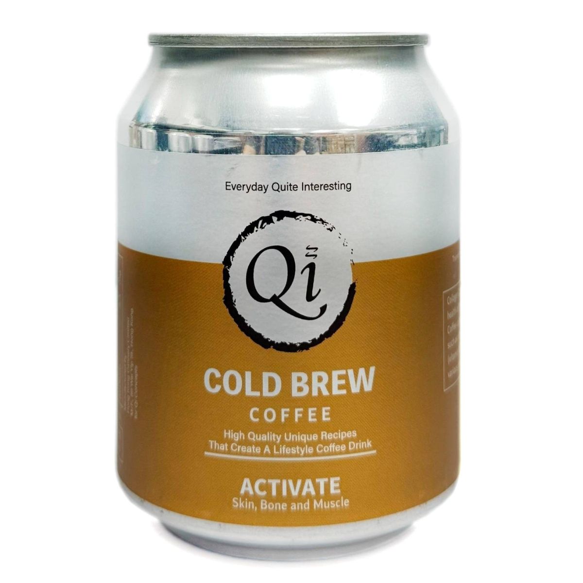 Cold brew coffee can with silver lid and gold-brown label