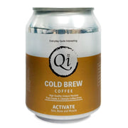 Cold brew coffee can with silver lid and gold-brown label