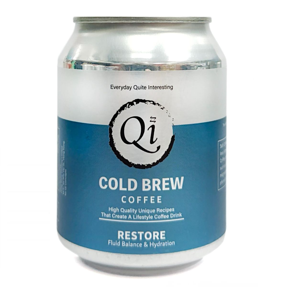 QI cold brew coffee restore can, 240 mL, blue and silver with QI logo