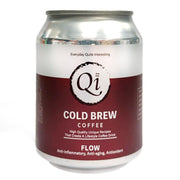 QI cold brew coffee Flow can with dark maroon label and silver top