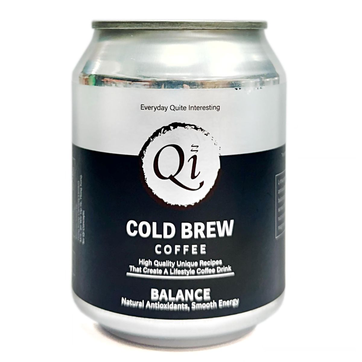 Cold brew coffee can labeled "Qi" Balance, 240 mL
