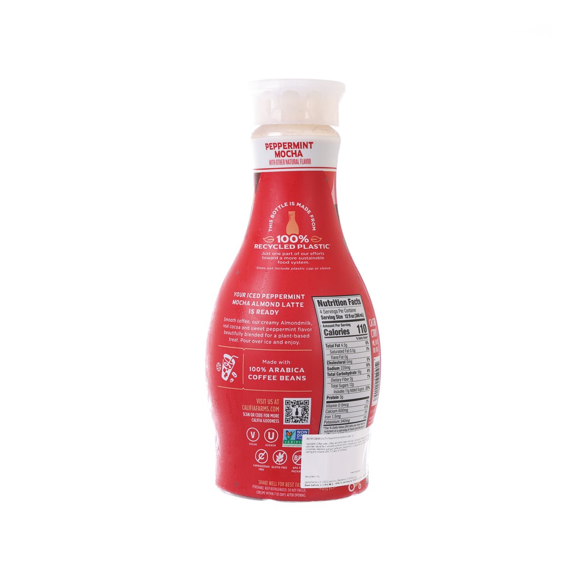 CALIFIA Farms peppermint mocha almond latte bottle back with nutrition info