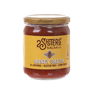 2 Sisters SALSA Honey Salsa glass jar, amber-brown sauce with gold lid