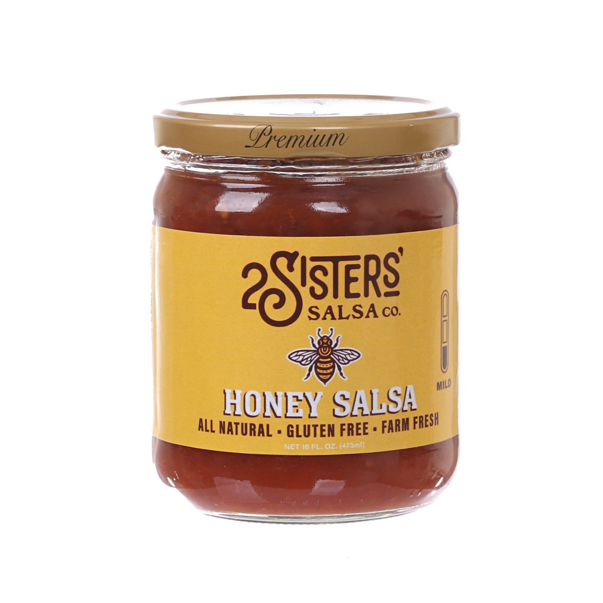 2 Sisters SALSA Honey Salsa glass jar, amber-brown sauce with gold lid