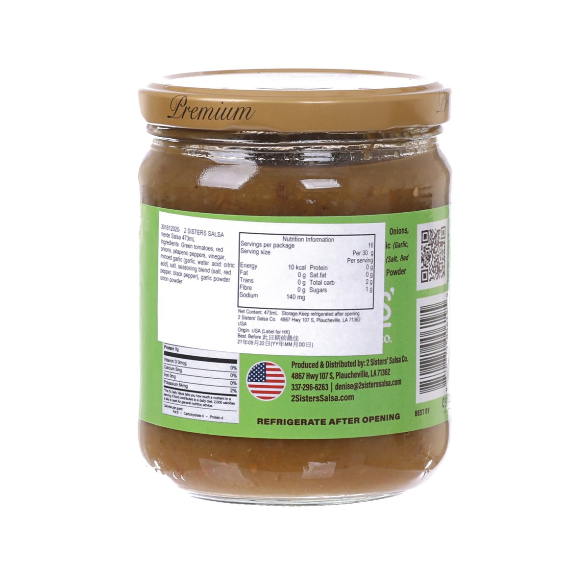 2 SISTERS SALSA CO Verde salsa jar, back label with nutrition info, 473 mL