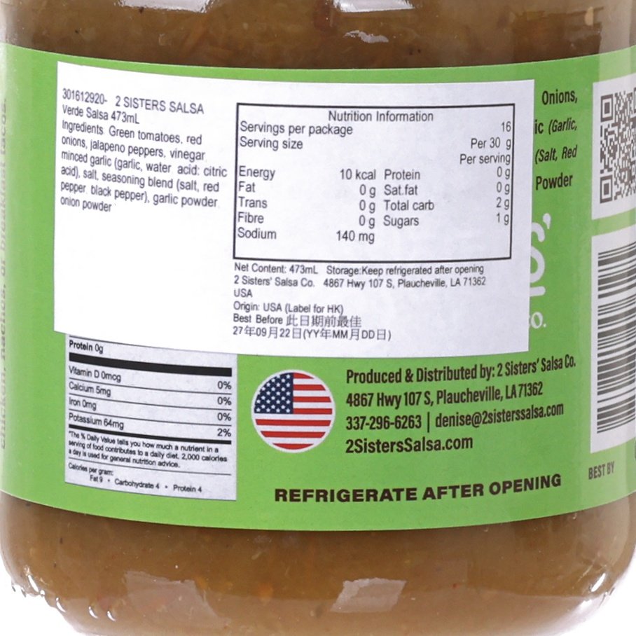 2 SISTERS SALSA CO Verde salsa jar label close-up, nutrition facts and ingredients, 473 mL