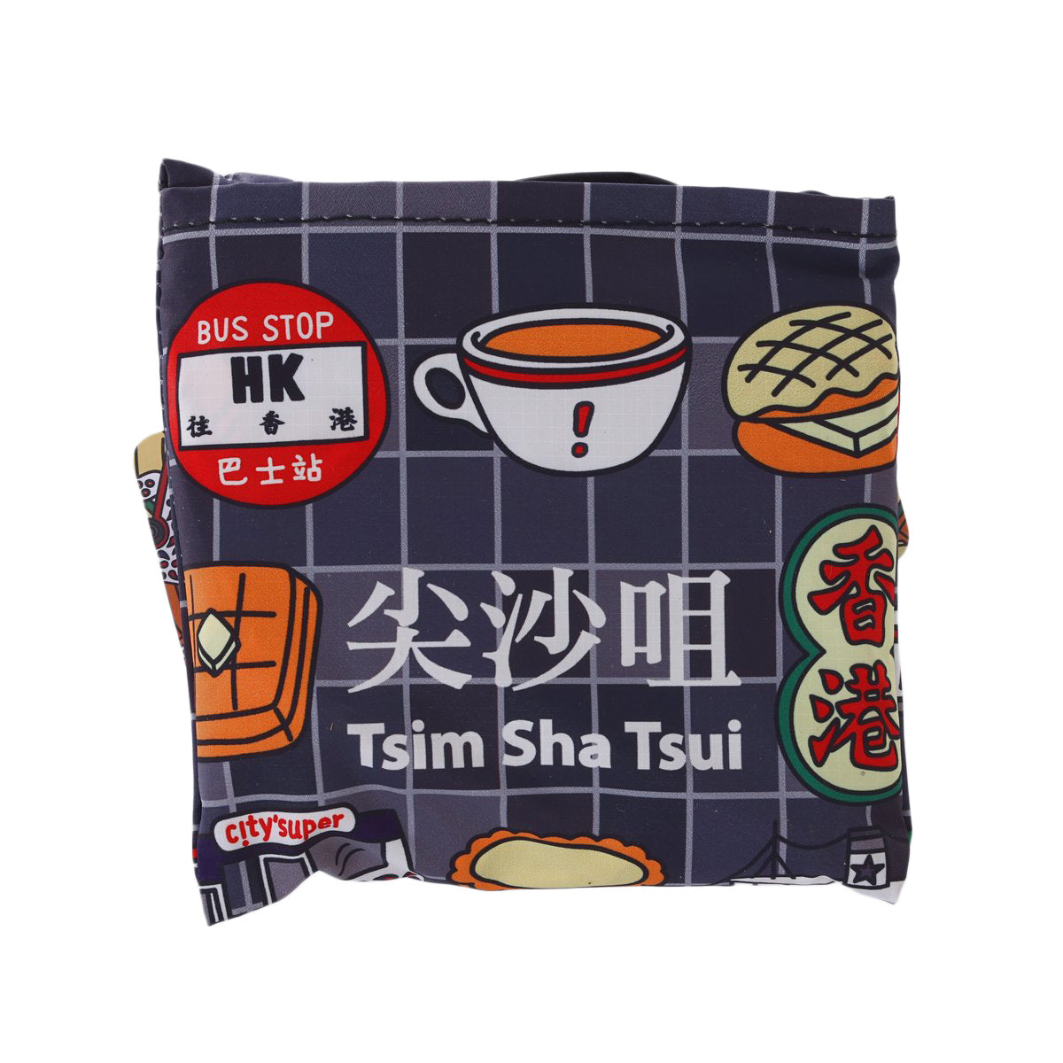 Foldable shoulder bag front, dark navy grid with Tsim Sha Tsui lettering and icons
