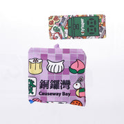 Purple foldable shoulder bag with colorful cartoon print and top handle