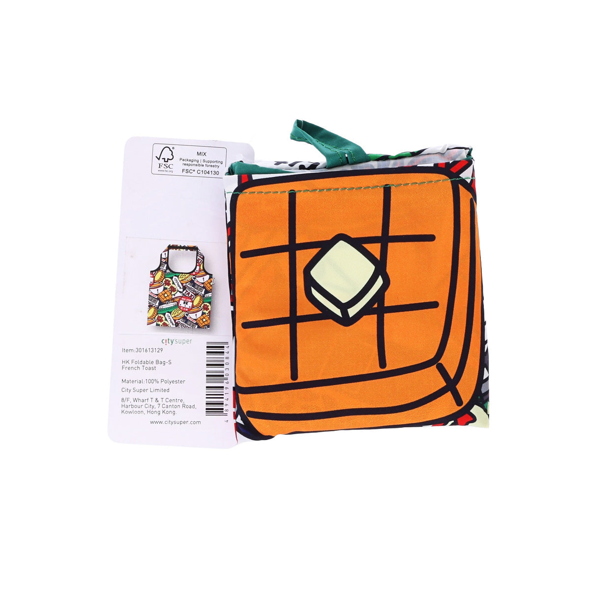 CITYSUPER HK foldable bag, orange geometric print, green carry strap