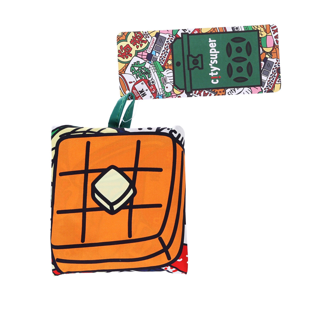 CITYSUPER HK foldable bag, orange geometric print with green handle