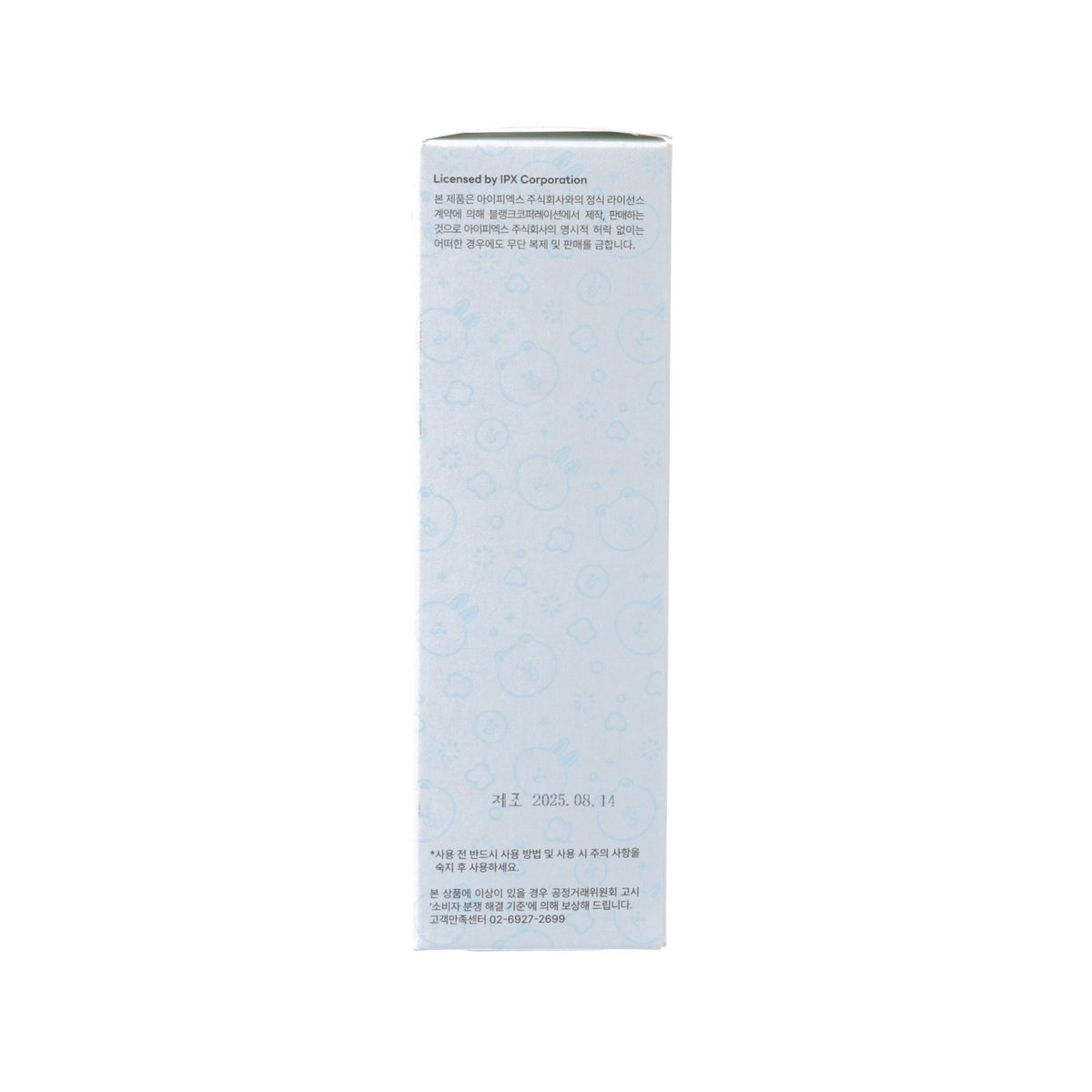 Light blue filter cartridge box with patterned icons and compliance text on back
