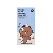 BODYLUV travel filter shower head set box, choco brown bear illustration, blue grid