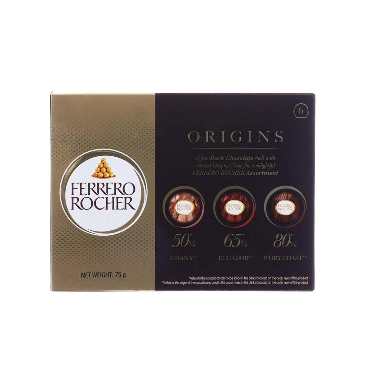 Dark chocolate assortment box front, Origins 50%, 65%, 80%, 75 g