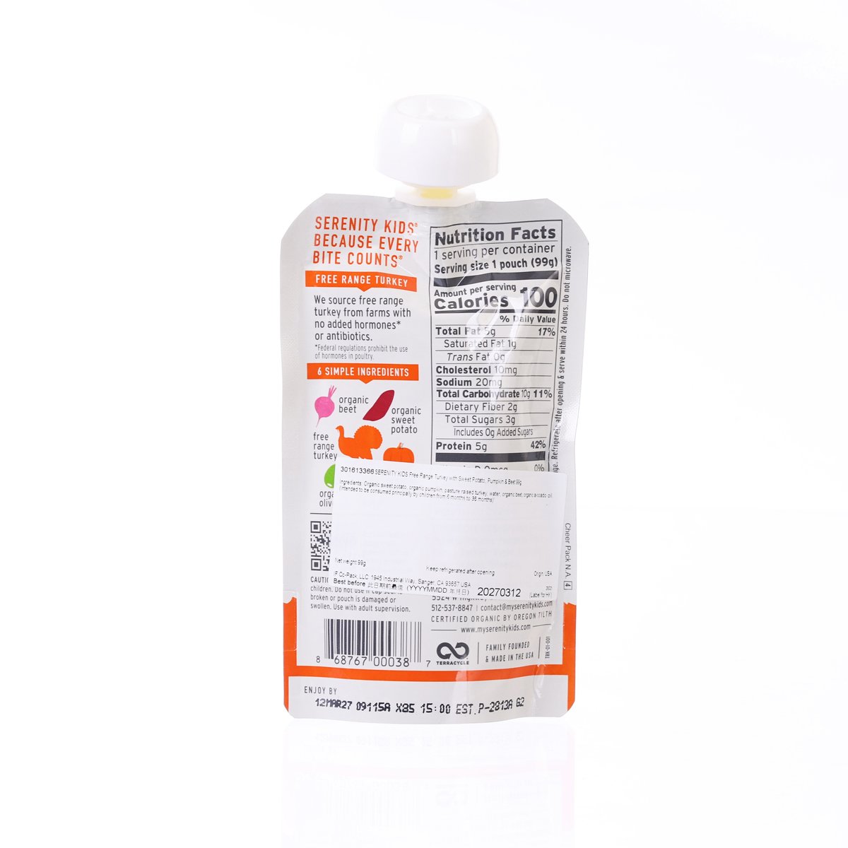 Serenity Kids turkey pouch back with Nutrition Facts and ingredients panel