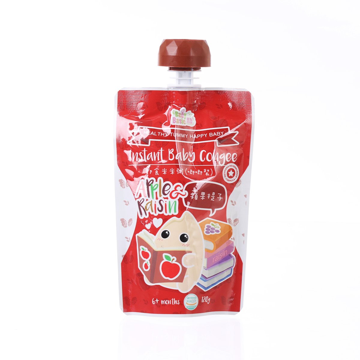 Instant baby congee pouch, apple and raisin flavor, front with cute baby graphics.