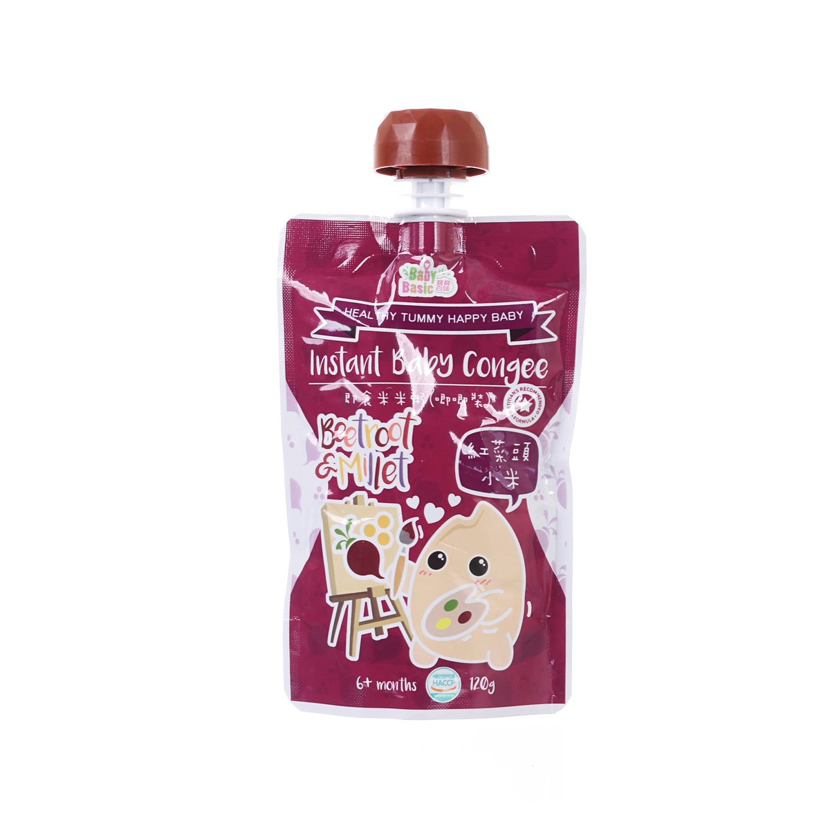 Instant baby congee pouch, beetroot & millet, 120g, front with cartoon