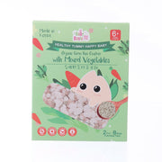 Organic baby rice cracker box with mixed vegetables, bunny illustration and snack design