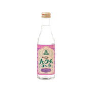 Cola drink bottle with purple front label and gold cap