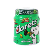 Mint chewing gum container, green Clorets canister with Snoopy graphic